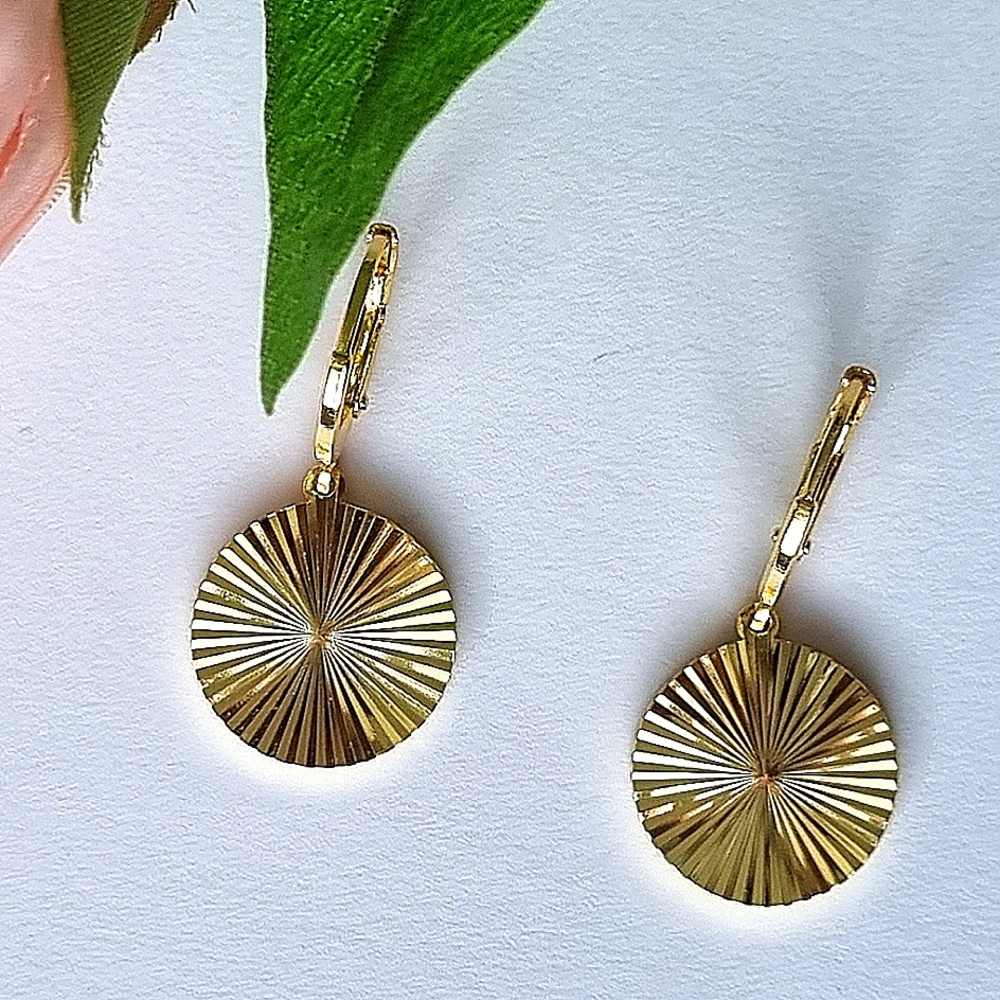 Earrings | Gold Toned | Round, Textured Sunburst | Huggies Hoop Drop Style. 💕 - Picture 4 of 16
